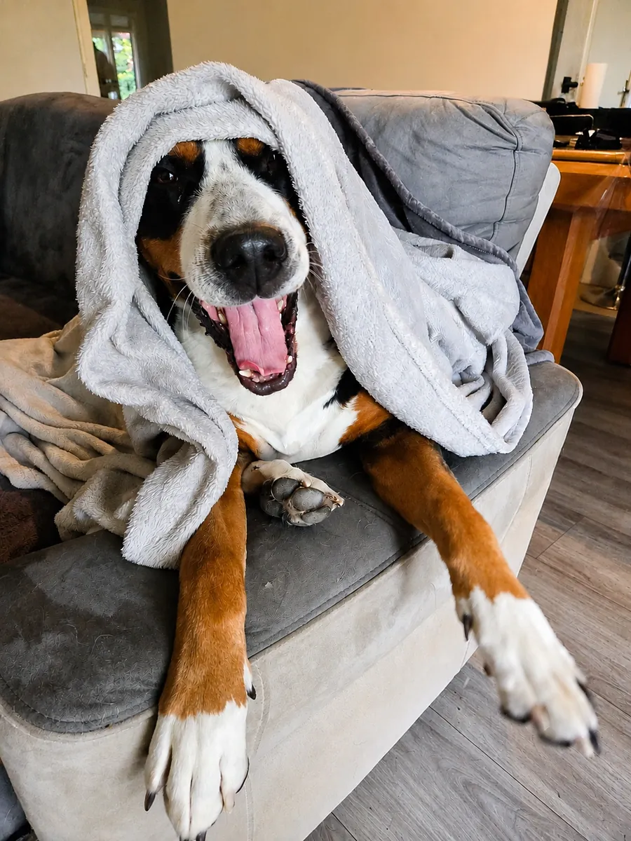 Chien enveloppé dans une serviette sur un canapé