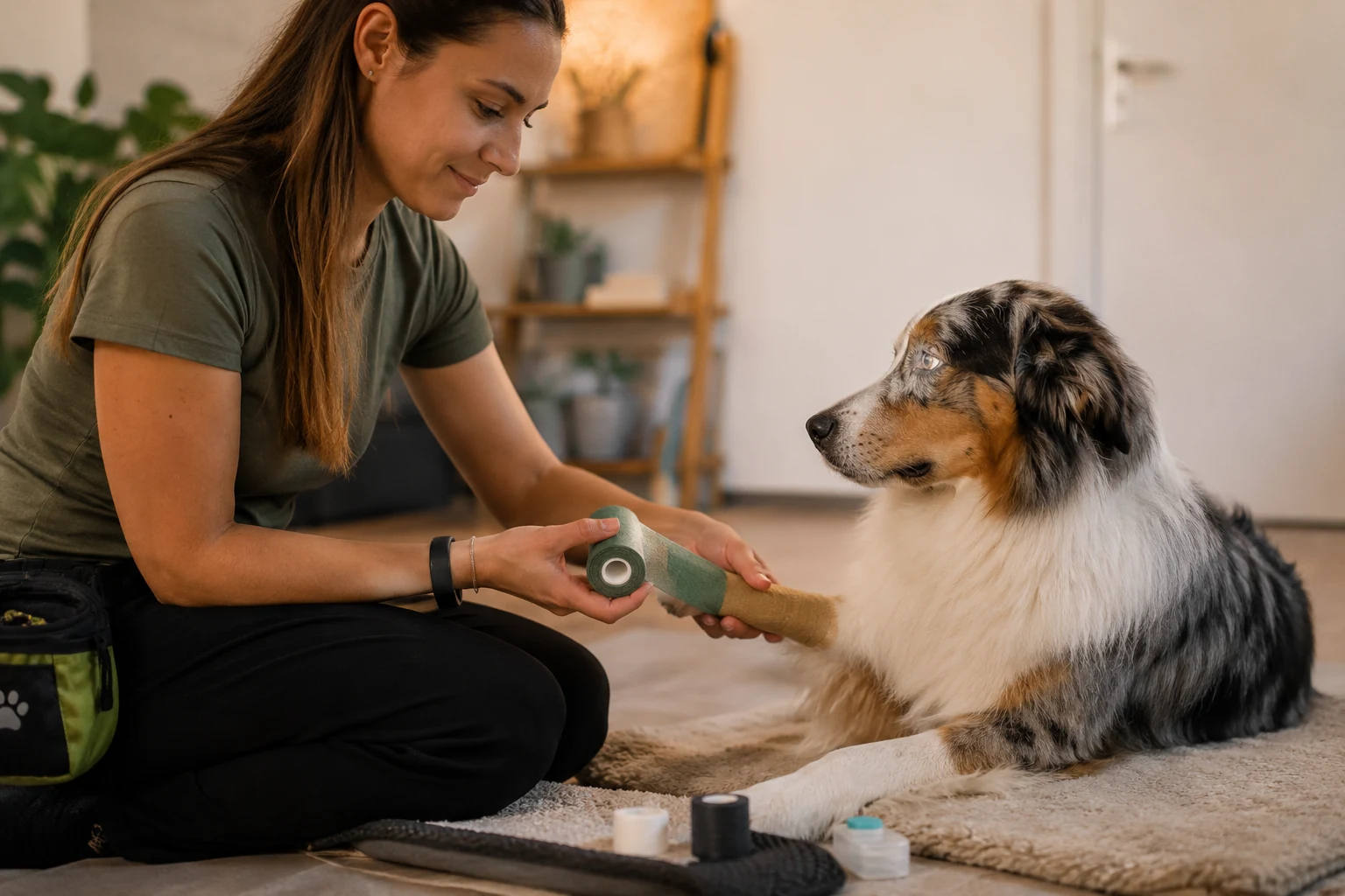 Manipulation douce de la patte d’un chien pendant un exercice de Medical Training
